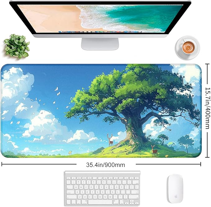 Simple and Cute Anime Landscape Computer Mouse Pad, Large Green Plant Outdoor Landscape Office Desk Pad, 35.4 x 15.7 x 0.12 Inch Sewn Edge Non Slip Rubber Base Mouse Pad