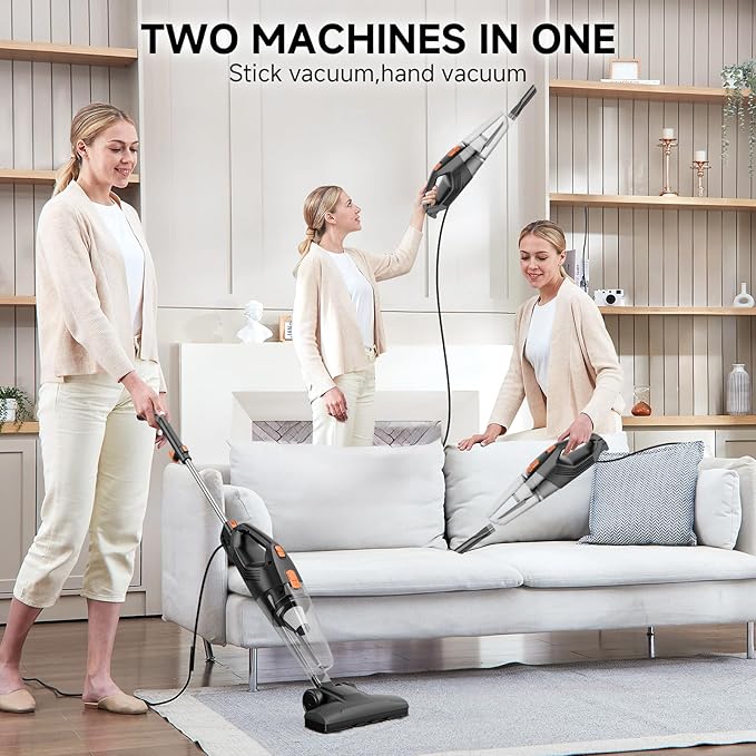 fenhua Corded Stick Vacuum Cleaner - Lightweight, Powerful Suction with 450W Motor, 3-in-1 16.4Ft Cord Vacuum Cleaners for Home, Hard Floor, Carpet, Pet Hair Black Orange