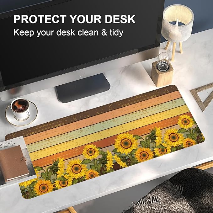 Large Desk Mat, Desk Matt for Desktop, Computer Gaming Mouse Pads, Anti-Slip Rubber Base, Stitched Edges Soft Mat for Desktop Office Home 31.5 x 11.8 Inches (Vintage Sunflower)