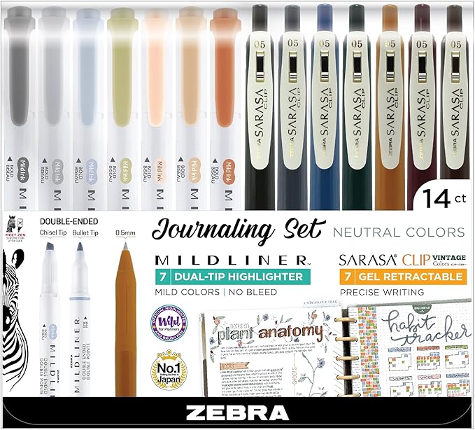 Zebra Pen Sarasa Clip Vintage and Mildliner Neutral Set, Ideal for Bible Highlighting, No Bleed, School Supplies and Teacher Supplies, Fine Point, Assorted Colors, 14-Pack (10114)