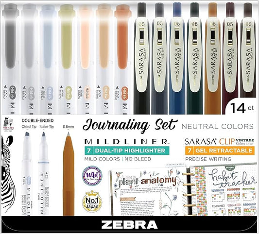 Zebra Pen Sarasa Clip Vintage and Mildliner Neutral Set, Ideal for Bible Highlighting, No Bleed, School Supplies and Teacher Supplies, Fine Point, Assorted Colors, 14-Pack (10114)