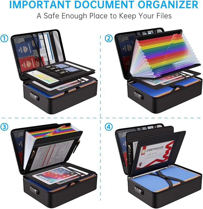 ENGPOW Fireproof Document Box with Lock, 5200℉ Soft Case Fireproof Box with 25 Colorful Pocket Accordion File Folder, Fireproof Water Resistant Safe File Organizer Storage for Important Documents