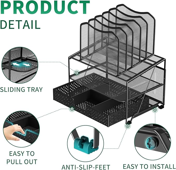 Simple Trending Mesh Desk Organizer with Sliding Drawer, Double Tray with 5 Sections File Bookshelf, Black