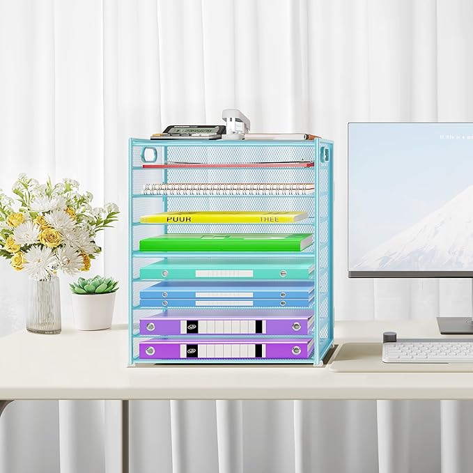 9 Tier Paper Organizer with Handle, Large Capacity Desk Organizer Mesh Paper Letter Tray File Folder Document Sorter for Classroom and Office Accessories Organization- Blue (2 Pack)