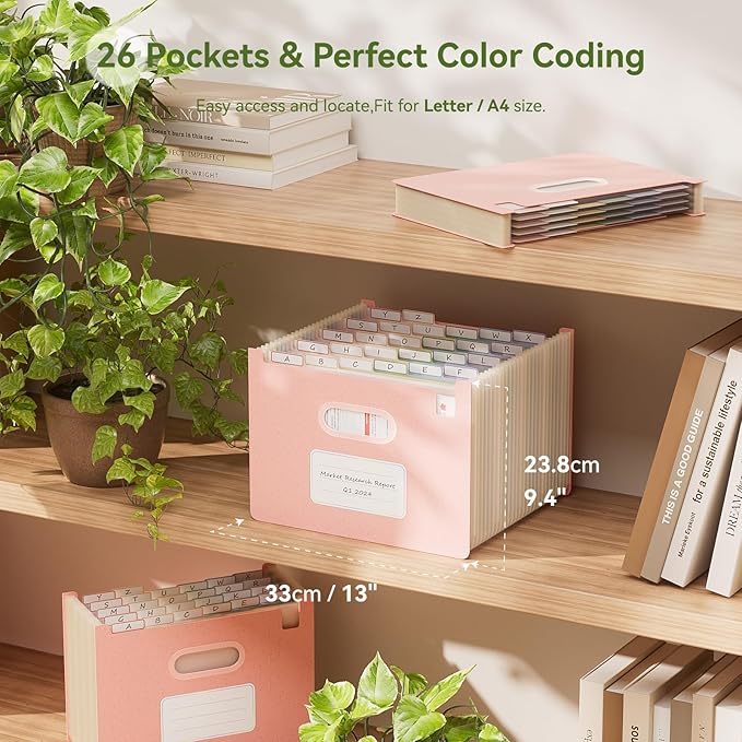 Accordion File Organizer, 26 Pockets Wheat Straw Expanding File Folders, Upright&Open Top, A-Z Bill Receipt Organizer, 100% BPA Free, Return to Nature, Healthy Living, Letter/A4 Size-Strawberry Pink