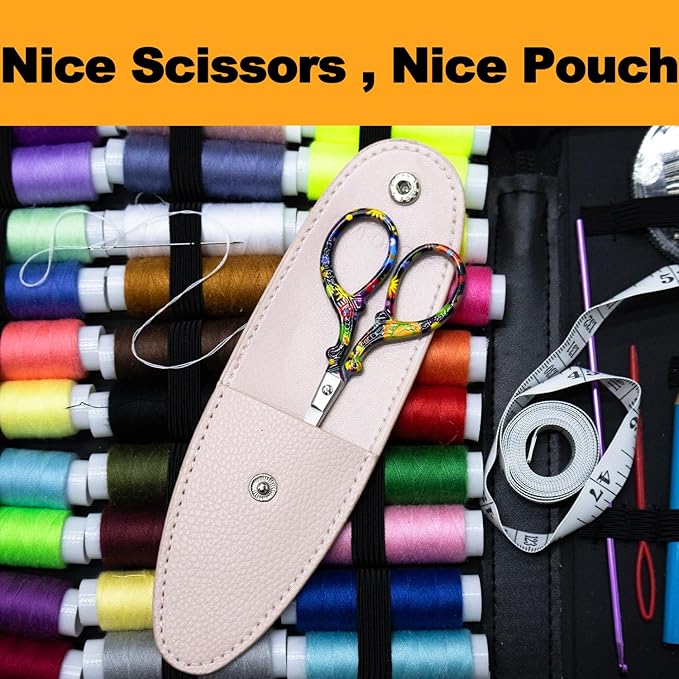 3.6 inch Small Sewing Scissors, Mini Scissors in a Pouch, All Purpose with Leather Sheath Cover, Black Flower