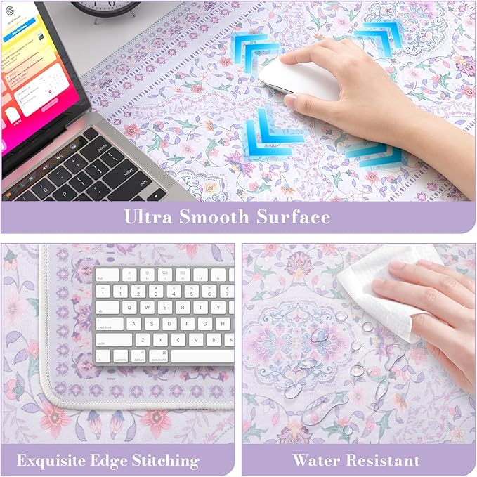 HAOCOO Elegant Floral Desk Mat, Cute Purple Mousepad Home Decor, 35.4" x 15.7" Large Keyboard Pad, Aesthetic Flower Desktop Mat Office Accessories, Waterproof Teacher Desk Pad Mat for Work, Study