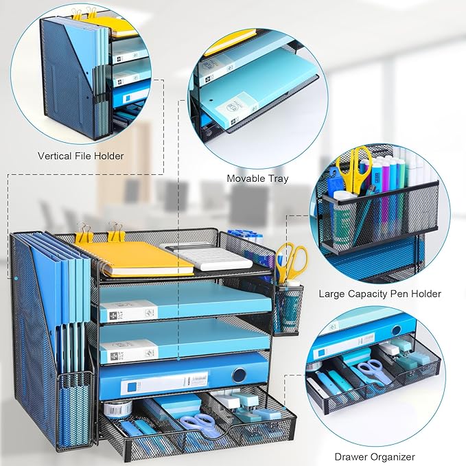 Desk Organizers with File Holder, 5-Tier Paper Organizer Letter Tray with Sliding Drawers and Extra Pen Holder, Mesh Desktop File Organizer for School Office Supplies, Black.
