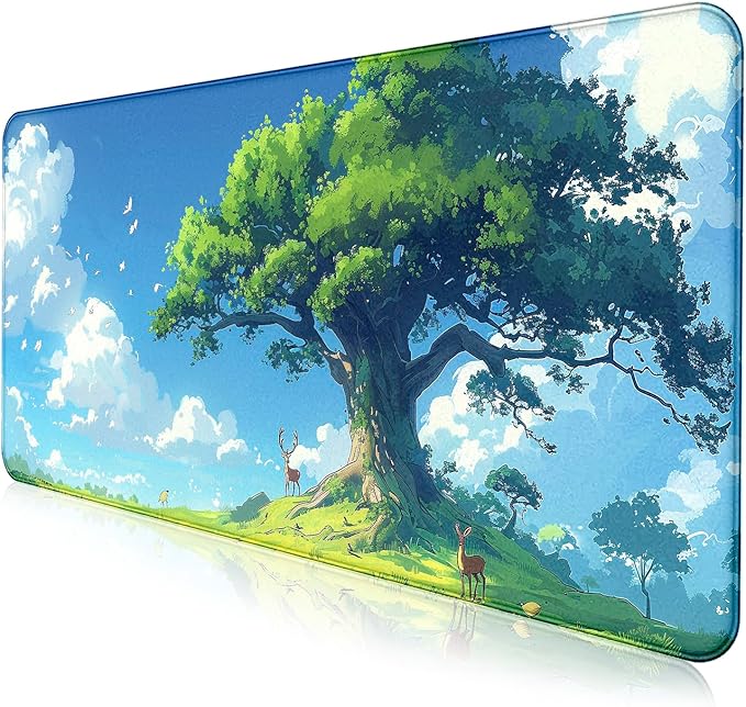 Simple and Cute Anime Landscape Computer Mouse Pad, Large Green Plant Outdoor Landscape Office Desk Pad, 35.4 x 15.7 x 0.12 Inch Sewn Edge Non Slip Rubber Base Mouse Pad