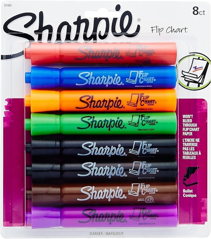 Sharpie Flip Chart Markers, Bullet Tip, Assorted Colors, 8 Count - Low-Odor, Squeak-Free, Home, Office, Back to School, Teacher Supplies