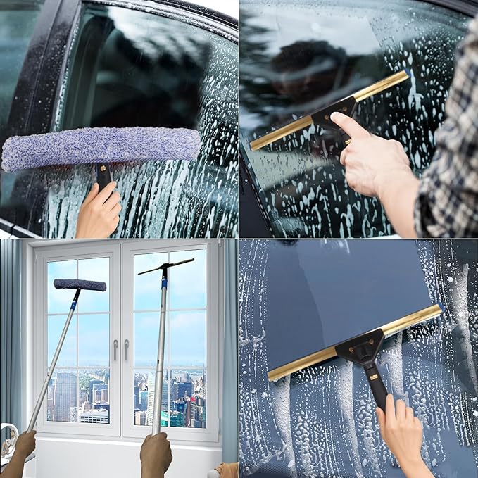 Pro Window Cleaning Kit with Storage Bucket, with 4 13 inch Extension Rods, Scrubber, Spray Bottle, Rag and Scraper with Rotating Head - Car/Home Glass Cleaning System