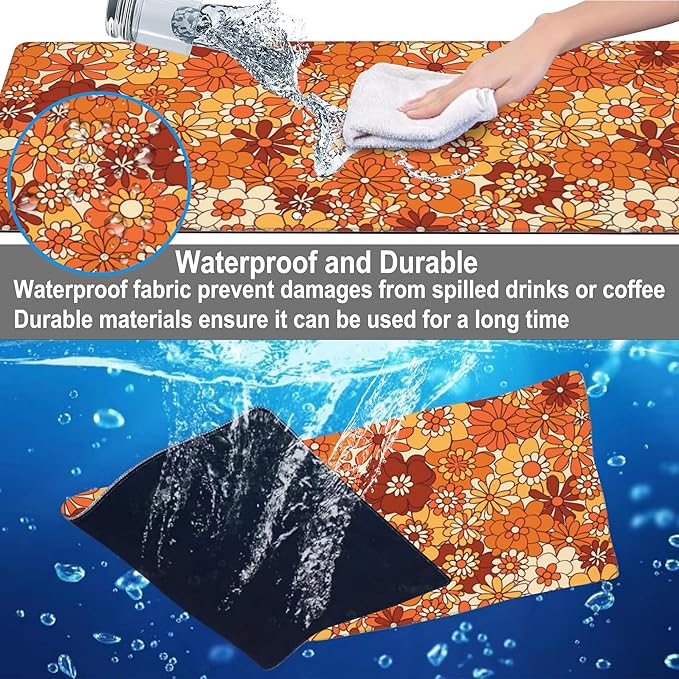 Mouse Pad, Large Retro Boho Hippie Flower Desk Mat, Extended Non-Slip Gaming Keyboard Mousepad Desk Pad, Thick Stitched Edges Waterproof Mouse Mat 31.5"x15.7" (Vintage Groovy Floral)