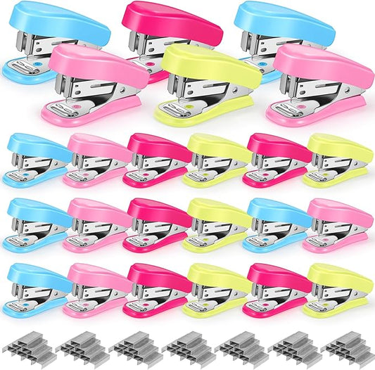 Ctosree 24 Pcs Mini Stapler Bulk with Boxes Staples Pink Small Staplers Set Built in Staple Remover, Cute Hand Held Desk Gifts for Back to School Office Supplies, 3 Colors