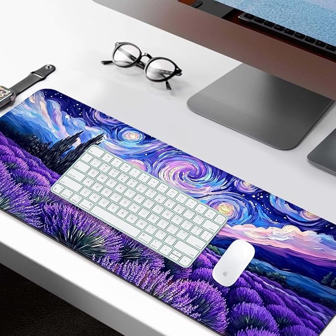 Fantasy Starry Night Lavender Field Gaming Desk Mat, Computer Keyboard Large Extended Long Floral Mouse Pad for Office and Home, XL (W27)