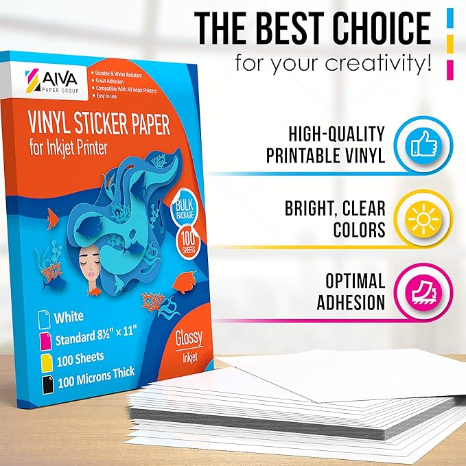 Printable Vinyl Sticker Paper - Waterproof Decal Paper for Inkjet Printer - 200 Self-Adhesive Sheets - Glossy White - Standard Letter Size 8.5"x11"