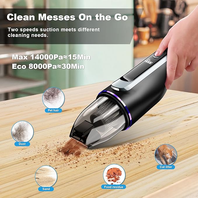 DRECELL Handheld Vacuum Cleaner, Car Vacuum with Brushless Motor & 14000Pa Powerful Suction,1.2Lbs Lightweight, LED Light, Slim Mini Vacuum Cleaner for Car Home Office Pet Hair