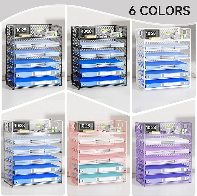 Paper Organizer for Desk File Organizer with Handle Mesh 6 Tier Letter Tray Paper Sorter Desk Organizer for Office Home Supplies-Grey