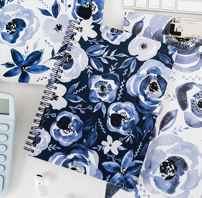 Steel Mill & Co Cute Floral Mini Spiral Notebook, 8.25" x 6.25" Journal with Durable Hardcover and 160 Lined Pages, Blue Watercolor