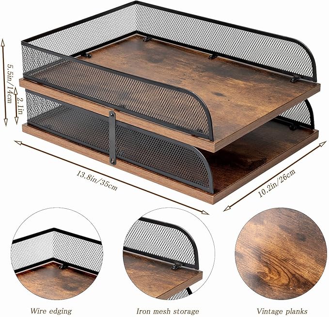 Set of 2 Vintage Wood & Metal Letter Tray，Desk Organizers Paper Tray，Office File Organizer(Black)