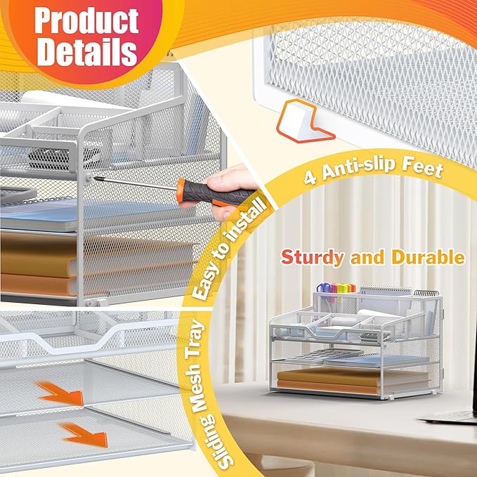 Docnest 3 Tier Mesh Desk Organizer for Paper Office Supplies – Multi-Functional Letter Tray with 5 Adjustable Compartments, 3 Pen Holders, Desktop Storage for Files, Mail, Stationery – White