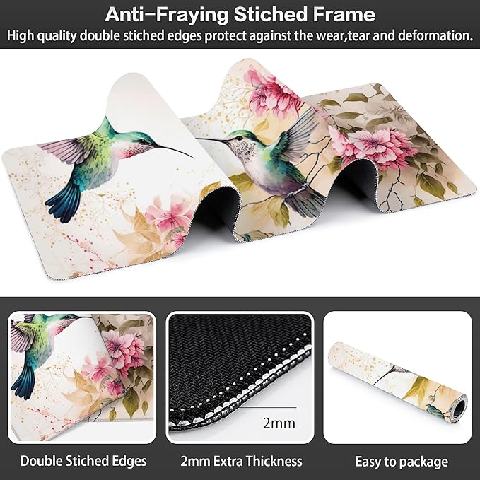 Desk Mat, Pink Flowers and Colibri Birds Extended Large Gaming Mouse Pad for Desk XXL, Non-Slip Rubber Base Stitched Edges Long Computer Keyboard Desk Pad Mouse Mat for Home Office Gaming 35.4"X15.7"