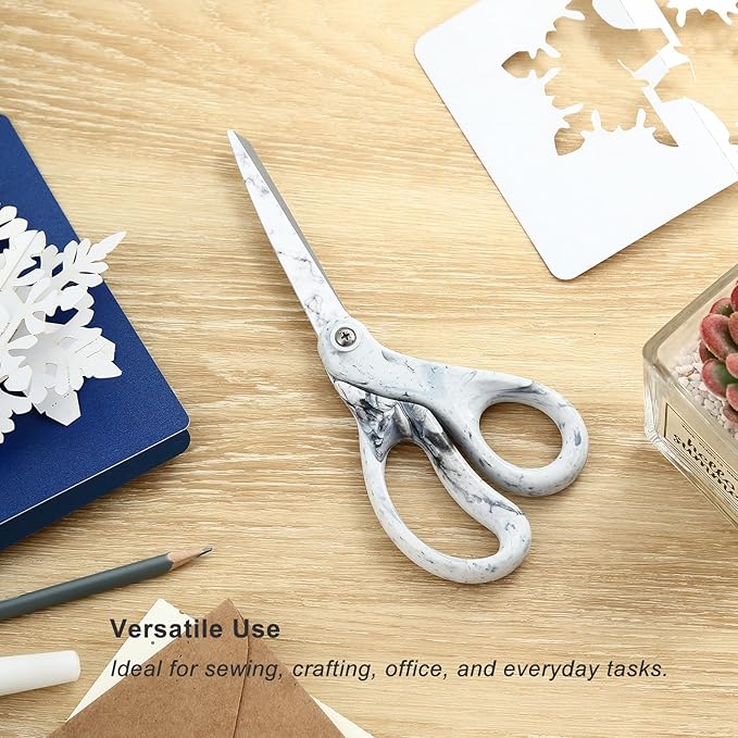 LIVINGO 8 Inches Scissors for Office - Sharp Heavy Duty Shears All Purpose for Sewing Crafting Cutting Fabric Paper, Stainless Steel Blade, Smooth Handle, Marble White Color