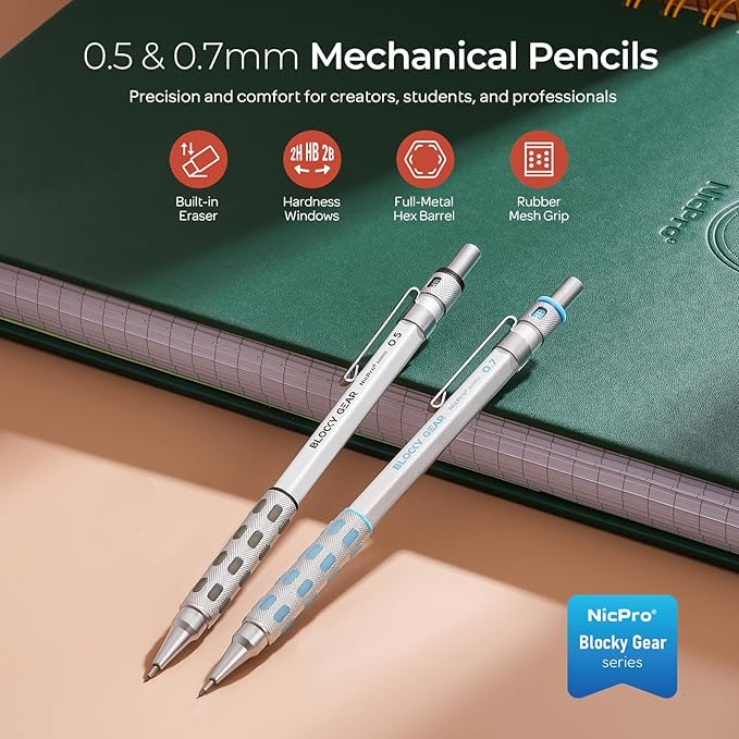 Nicpro Blocky Gear 0.5 mm & 0.7 mm Mechanical Pencils Set in Case, Metal Pencil with 6 Tube Lead Refills, Eraser, Eraser Refills for Professional & Adult Art Writing Drafting Drawing Sketching