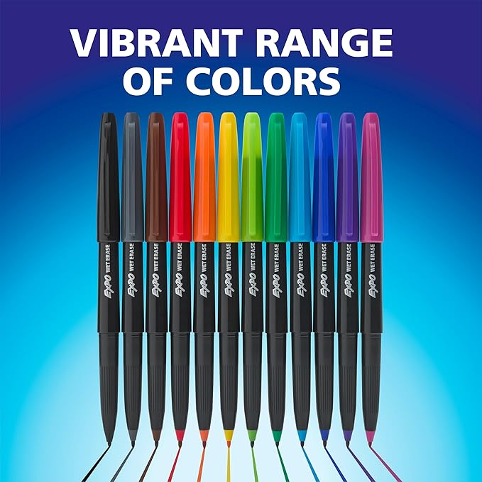 EXPO Wet Erase Markers, Semi-Permanent, Black, Ultra Fine Tip, 12 Count - For Writing on Glass, Whiteboards, Mirrors, Calendar, Labeling, Organizing
