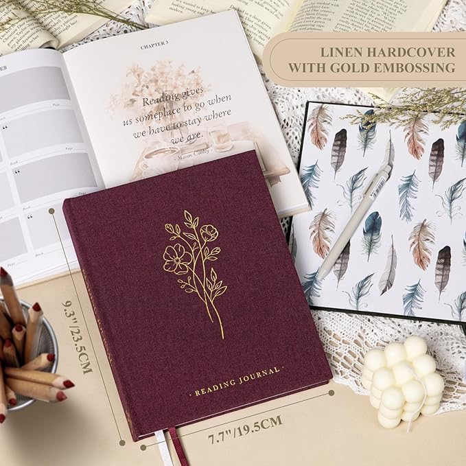 Lanpn Reading Book Journal for Book Lovers Readers, 9.3" x 7.7", 158 Pages Linen Hardcover Books Tracker with 52 Reviews, Read Log Notebook Bookish Gifts (Pruple)