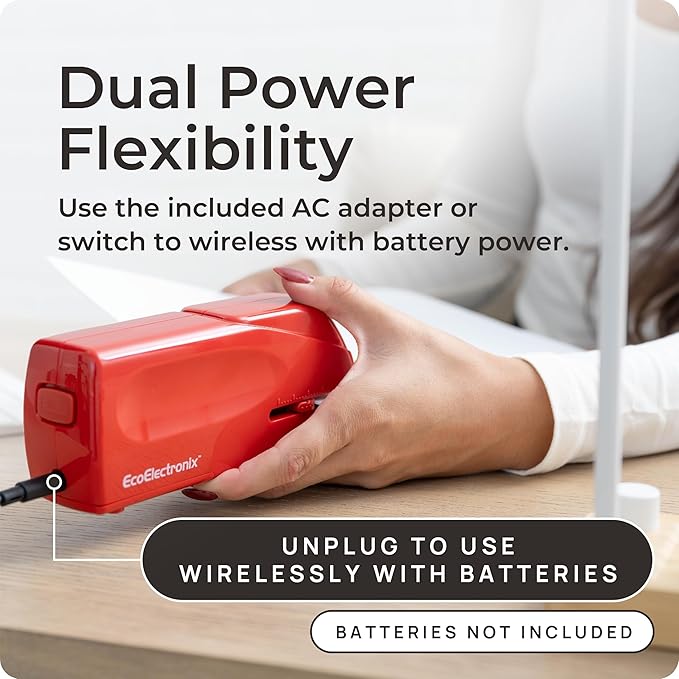 Portable Automatic Electric Stapler - 30 Sheet Capacity, Quiet Operation, Jam-Free and Easy Reload - AC Adapter/Battery Powered (Red)