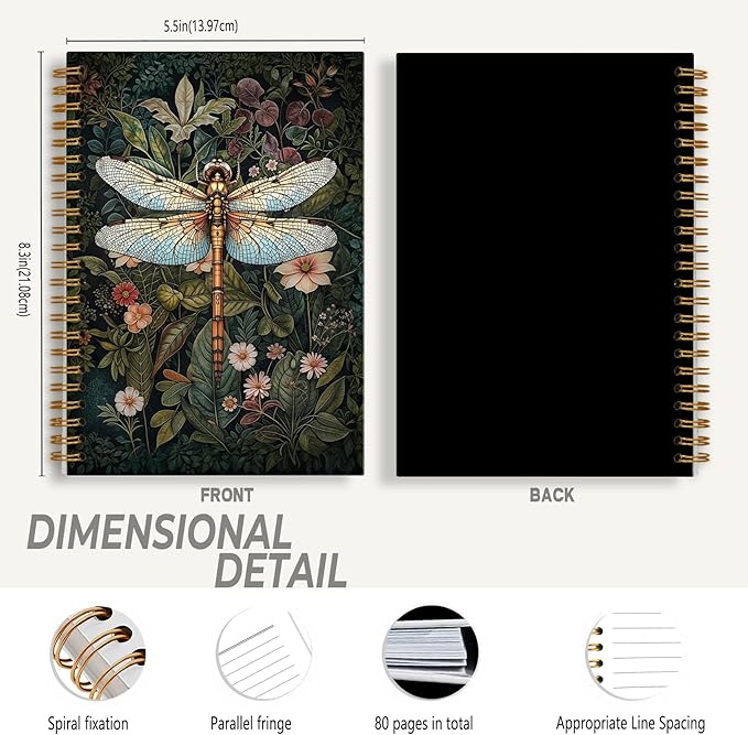 Vintage Floral Dragonfly Notebook, Dark Green Botanical Dragonfly Journal, Cottagecore Flower Plant Journal, Rustic Mosquito Hawk Spiral Notebooks 5.5x8.3 Inch