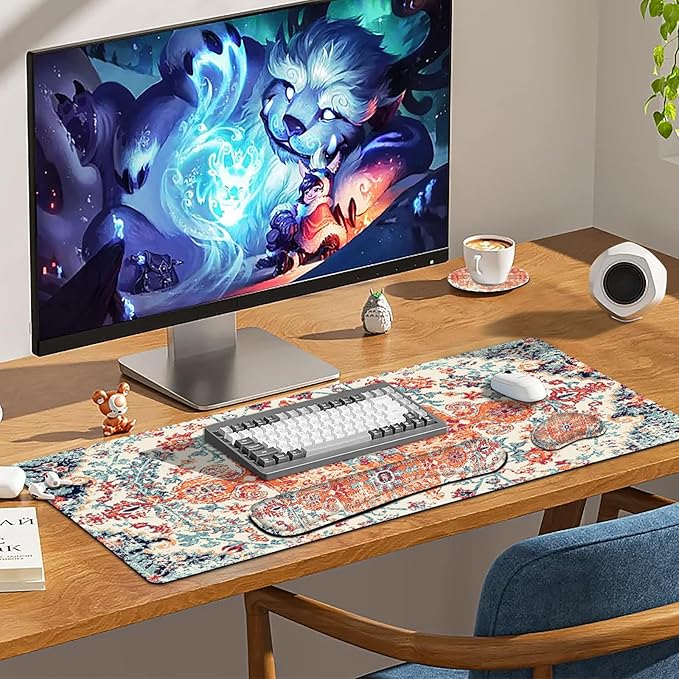 Keyboard Mouse Pad Set, Extended Gaming Mouse Pad +Keyboard Wrist Support +Mouse Wrist Rest +Coaster, 35.4x15.7 in XXL Large Ergonomic Desk Mat 4in1 Set for Home Office, Vintage Bohe