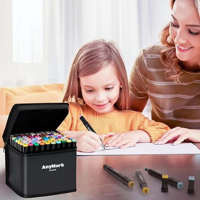 AnyMark Alcohol Markers, 80 Colors Dual Tip Art Coloring Markers Set for Kids Adult Book Drawing Sketching Painting, Chisel & Fine, Black Penholder