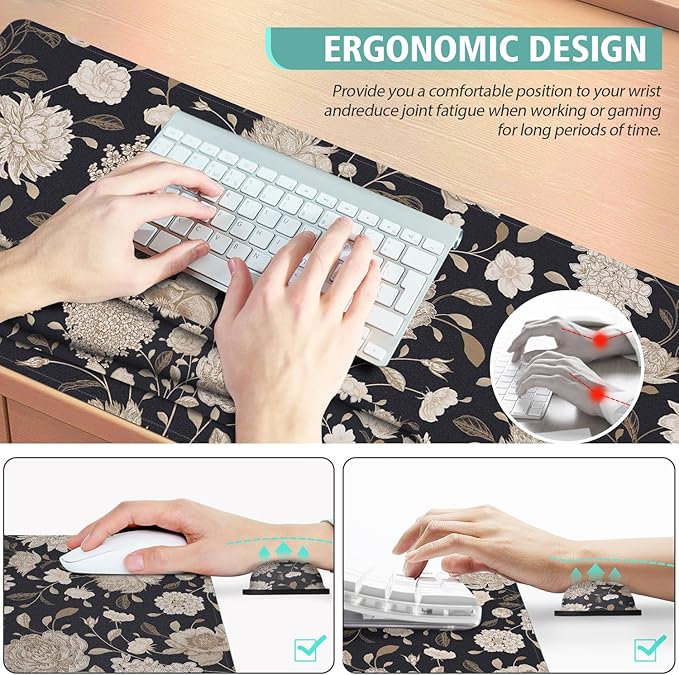 Floral Large Mouse Pad with Wrist Support Set of 4,Large Gaming Mouse Pad+Keyboard Rest+Mouse Wrist Rest+Coaster,Ergonomic Mouse mat,Anti-Slip,Memory Foam Desk Mat for Home Office Gaming (Rose)