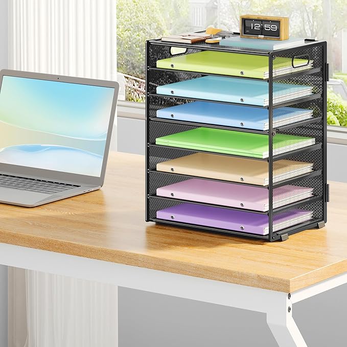 8 Tier Paper Organizer with Handle, Metal Mesh Desk File Organizer, Large Capacity Desk Organizers Paper Letter Tray Desktop Document Sorter for Office, Home or School - Black