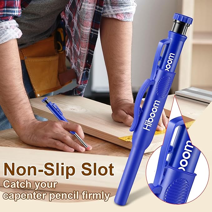 Hiboom 2 Pack Solid Carpenter Pencils with Pencil Cap and 18 Refills, Long Nose Deep Hole Mechanical Pencil Marker, Scribe Tool with Built-in Sharpener for Construction Woodworking Architect (Blue)