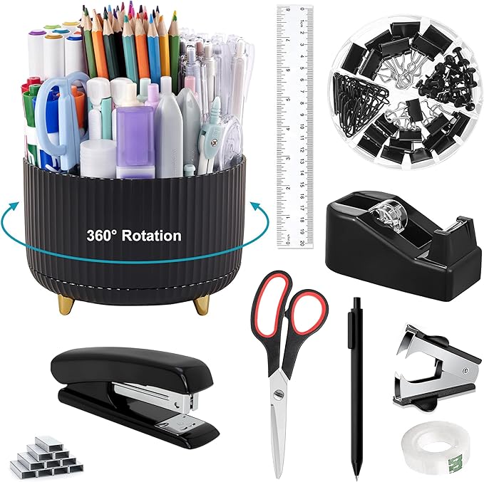 Office Desk Accessories, Black Office Supplies 360°Pen Holder Desk Organizers And Accessories with Tape Dispenser, Stapler, Staple Remover, 1000 Staples, Tape, Clips Set, Ruler, Scissor, Pen