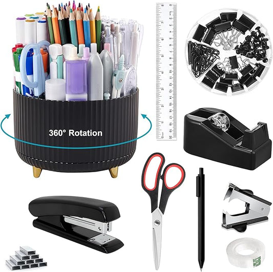 Office Desk Accessories, Black Office Supplies 360°Pen Holder Desk Organizers And Accessories with Tape Dispenser, Stapler, Staple Remover, 1000 Staples, Tape, Clips Set, Ruler, Scissor, Pen