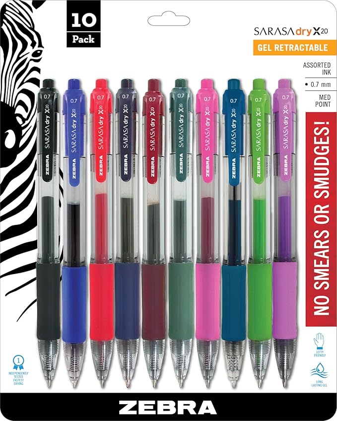 Zebra Pen Sarasa Dry X20 Retractable Gel Pens, 0.7mm Medium Point, Assorted Ink Colors with Rapid Dry Ink Technology, Ideal for Office Supplies and School Supplies, 10-Pack (46881)