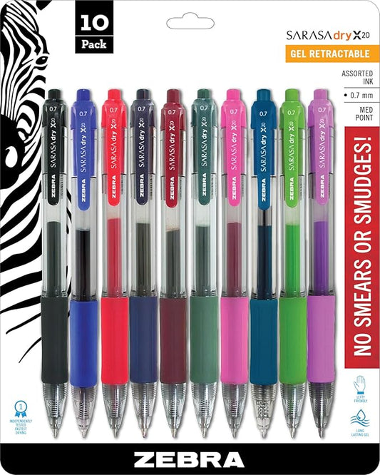 Zebra Pen Sarasa Dry X20 Retractable Gel Pens, 0.7mm Medium Point, Assorted Ink Colors with Rapid Dry Ink Technology, Ideal for Office Supplies and School Supplies, 10-Pack (46881)