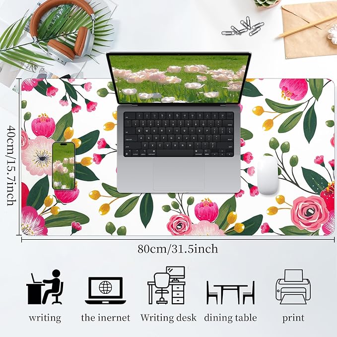 Bloss Pink Floral Desks Mat,31.5x15.7In Large Mouse Pad Cute,Anti-Slip Leather Computer Desk Pad for Keyboard and Mouse,Pink Computer Keyboard Pad Mat,Laptop Desks Protector Mat for Office/Home/Women