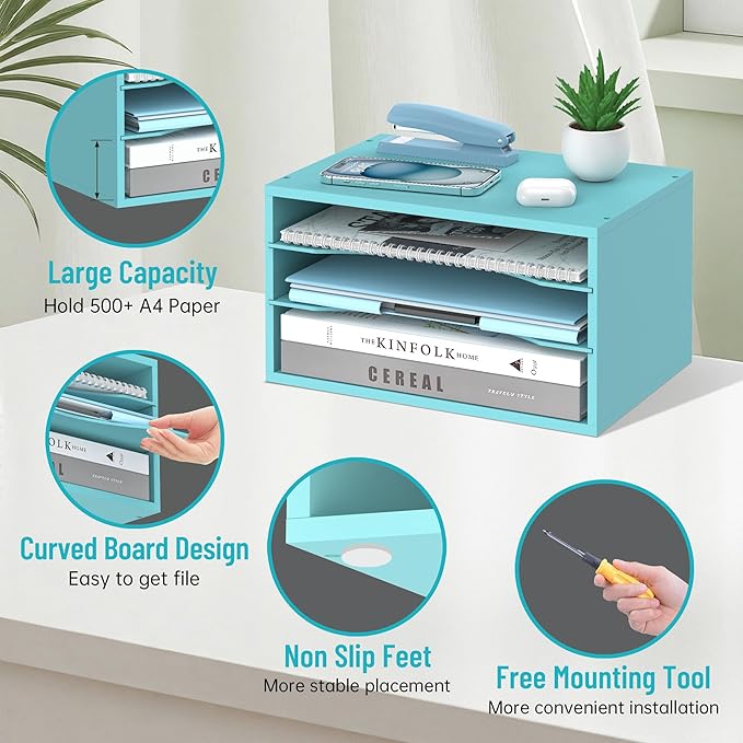 Wood Desk Organizer, 3 Tier Paper Tray Organizer for Desk with Adjustable Storage Shelves, Desktop Paper Sorter Mail Holder for Office Home Classroom, Blue