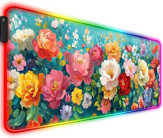 RGB Colorful Flower Peony Gaming Desk Mat, Computer Keyboard Large Extended Long Floral LED Mouse Pad for Office and Home, XL (W28)
