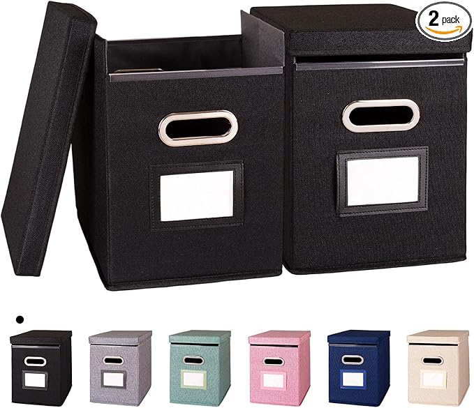 2 Pack Hanging File Folders Organizer with Lid, Letter Size Fabric File Storage Box Collapsible, Portable Office Document Holder with Metal Handle, Smooth PVC Rails, Black