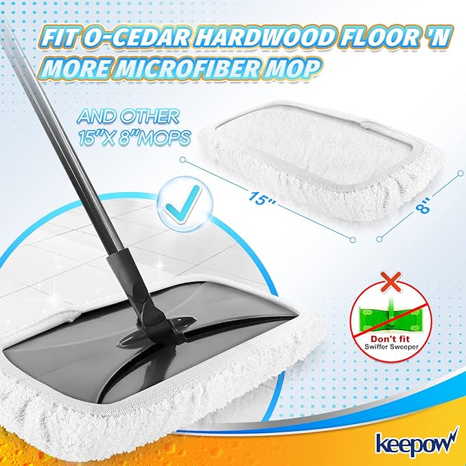 KEEPOW Reusable Mop Pads Compatible with O Cedar Hardwood Floor'N More Microfiber Mop, Mop Refill Heads Replacements for Wet and Dry Use, 15x8 Inch, 4 Pack