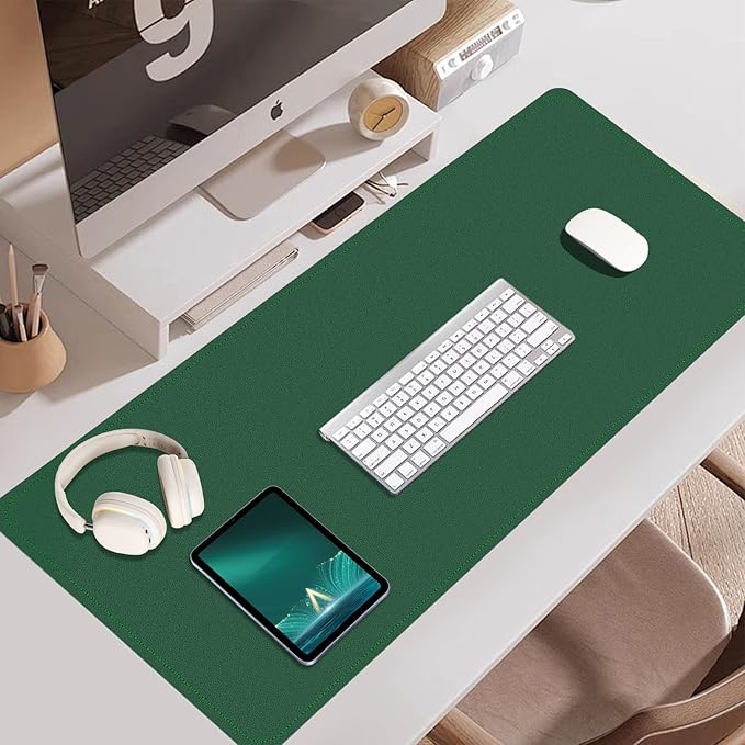 Large Desk Pad 35.4" x 17", Non-Slip Desk Mat with PU Leather & Natural Cork, Waterproof Writing Desk Natural Cork, Computer Mat Desk Protector for Office Home, Dark Green