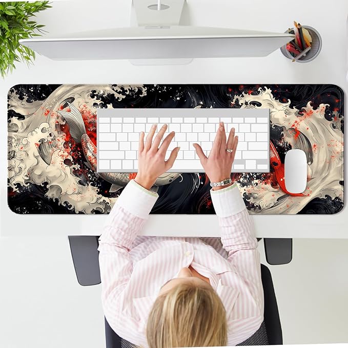 Japanese Koi Fish Gaming Mouse Pad, Extended Large Yin and Yang Desk Mat, Computer Keyboard Laptop Mousepad for Work, Office and Home, XL