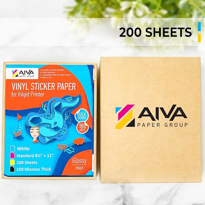 Printable Vinyl Sticker Paper - Waterproof Decal Paper for Inkjet Printer - 200 Self-Adhesive Sheets - Glossy White - Standard Letter Size 8.5"x11"