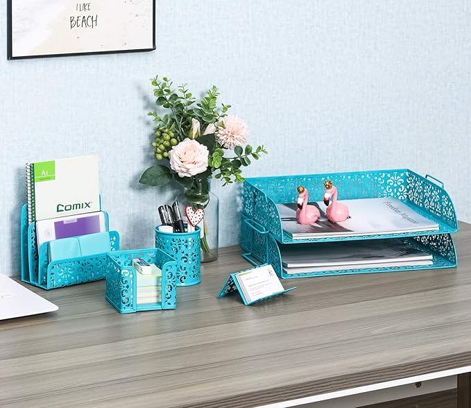 EasyPAG 5-Piece Desk Organizer Set with Carved Floral Design - No Assembly Stackable 2-Tier File Tray, Letter Sorter, Pen & Card Holders for Office/Home/Dorm, Dark Teal