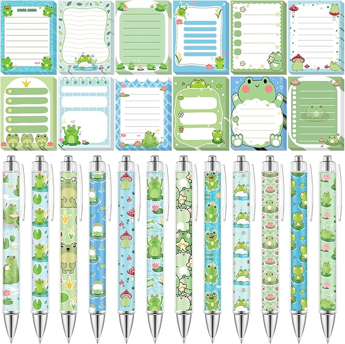 24 Pcs Frog Sticky Notes with Pens Themed Gifts Self Adhesive Notepad Cute Memo Notes Pads Black Ink Ballpoint Pen for Frog Lover Gifts Office School Students Teacher Supplies